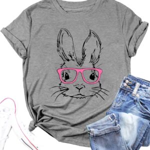 Funny Bunny Print T Shirt for Women Cute Grapic Leopard Shirts Family Blouse Gifts Easter Tops Tee(Grey02,X-Large)