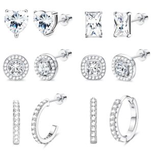 zelores 6 pairs cz stud earrings for women men round square heart screw back stud earrings small cz hoop earrings cubic zirconia halo stud earrings set