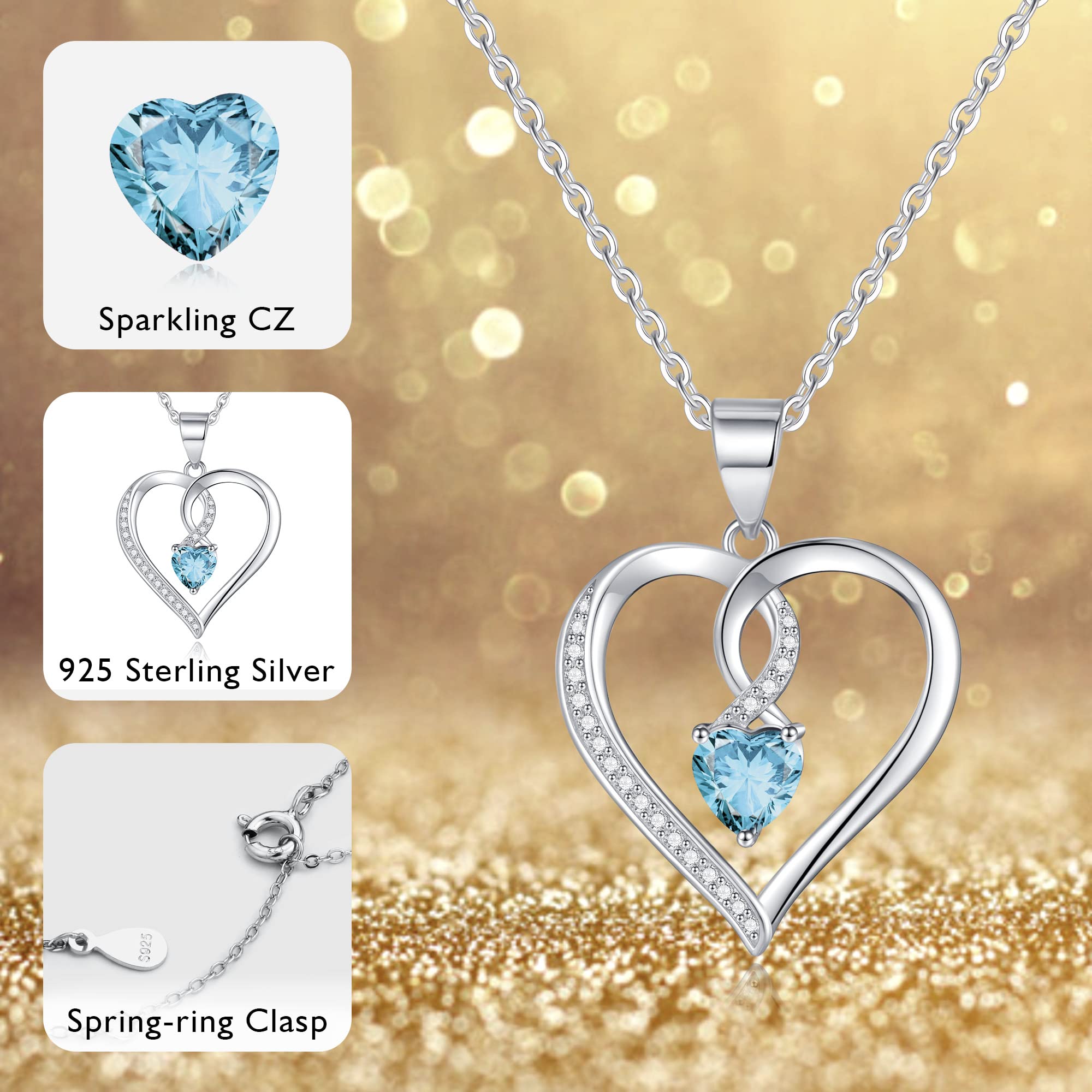 Birthstone Necklace for Women, S925 Sterling Silver Necklace March Birthstone Jewelry for Women Infinity Heart Aquamarine Necklace for Women Mom Birthday Gifts for Women