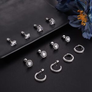 ZELORES 6 Pairs CZ Stud Earrings For Women Men Round Square Heart Screw Back Stud Earrings Small CZ Hoop Earrings Cubic Zirconia Halo Stud Earrings Set