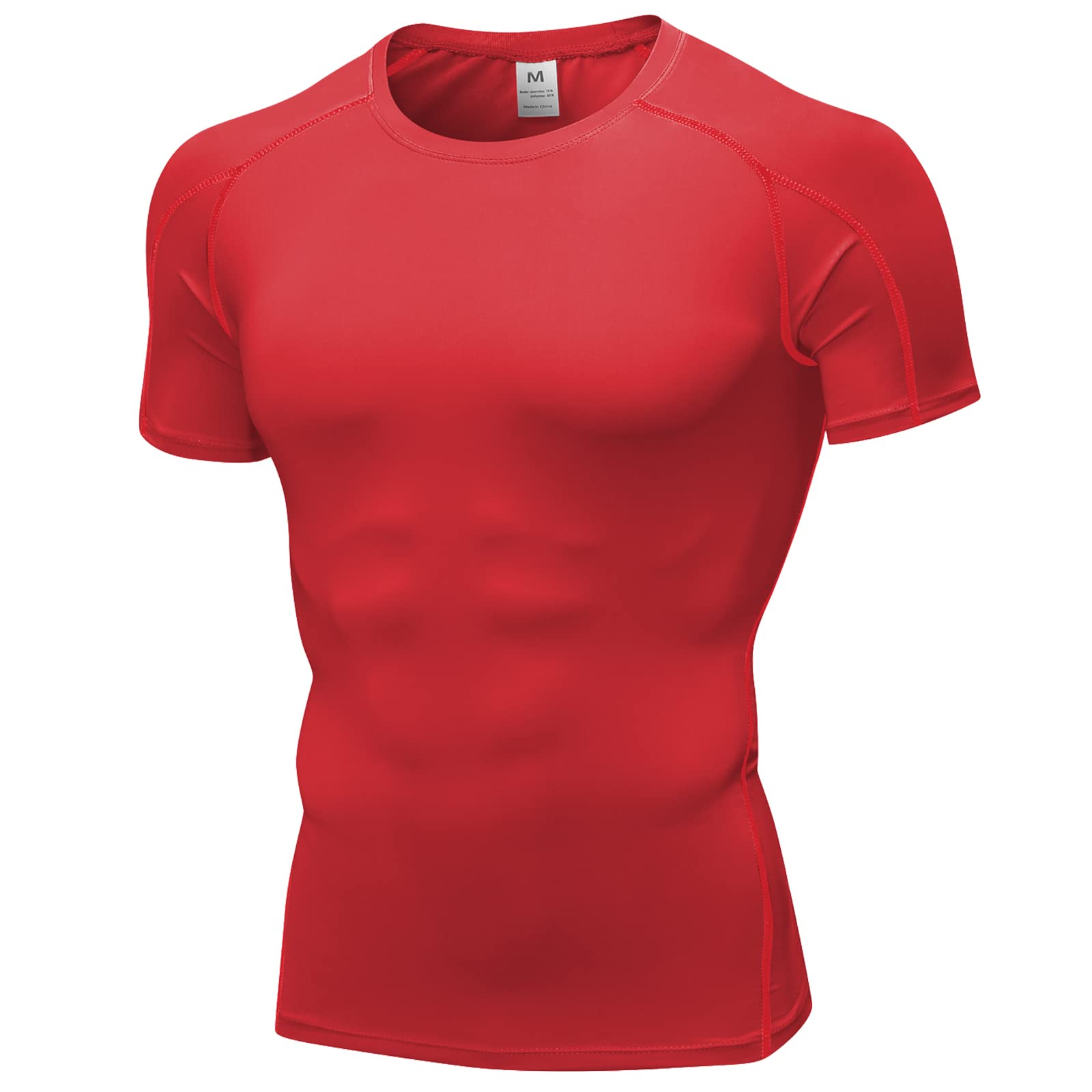 Red Compression Shirts Men Short Sleeve Workout Gym T-Shirt Running Tops Cool Dry Sports Base Layer Undershirts