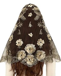 bozidol catholic chapel mantilla veil spanish lace head covering church mass veil for religious christian (black-gold)