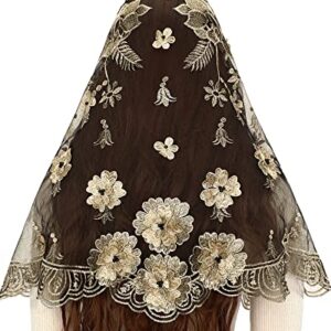 Bozidol Catholic Chapel Mantilla Veil Spanish Lace Head Covering Church Mass Veil for Religious Christian (Black-Gold)