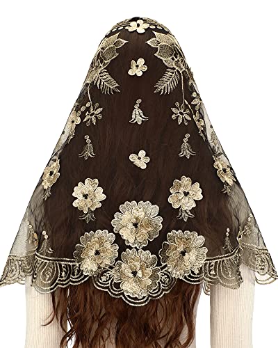 Bozidol Catholic Chapel Mantilla Veil Spanish Lace Head Covering Church Mass Veil for Religious Christian (Black-Gold)