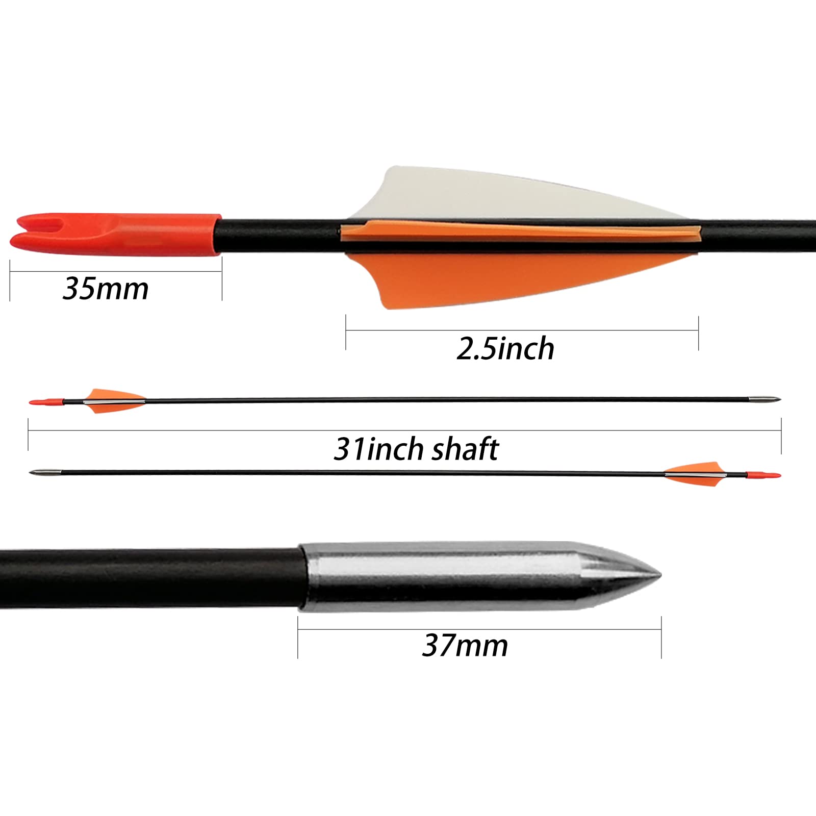 e5e10 31" Fiberglass Arrows Archery Training Practice Target Arrows with Durable Shaft Blunt Tip for Kids Youth or Beginners for Recurve Bow Long Bow (Orange and White)