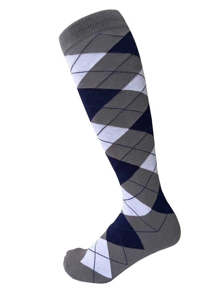 Triple M Plus Dark Gray/White/Dark Blue Argyle Golf Socks,Over-The-Calf Men Socks