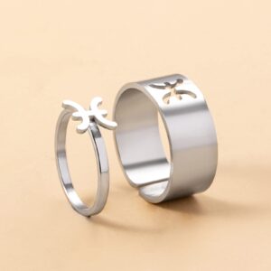 Ring Thing Stainless Steel Zodiac Constellation Ring for Couple Women Men Statement Ring Open Friendship BBF Birthday Jewelry Gift 2Pcs Set Rings Adjustable (H, One Size)