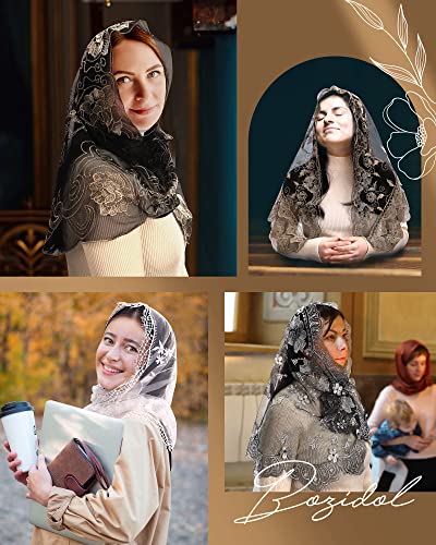 Bozidol Catholic Chapel Mantilla Veil Spanish Lace Head Covering Church Mass Veil for Religious Christian (Black-Gold)