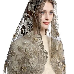 Bozidol Catholic Chapel Mantilla Veil Spanish Lace Head Covering Church Mass Veil for Religious Christian (Black-Gold)