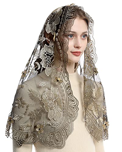 Bozidol Catholic Chapel Mantilla Veil Spanish Lace Head Covering Church Mass Veil for Religious Christian (Black-Gold)