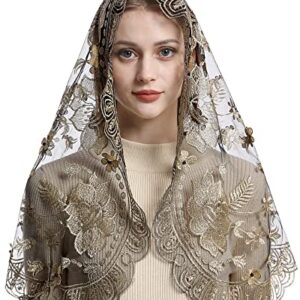 Bozidol Catholic Chapel Mantilla Veil Spanish Lace Head Covering Church Mass Veil for Religious Christian (Black-Gold)