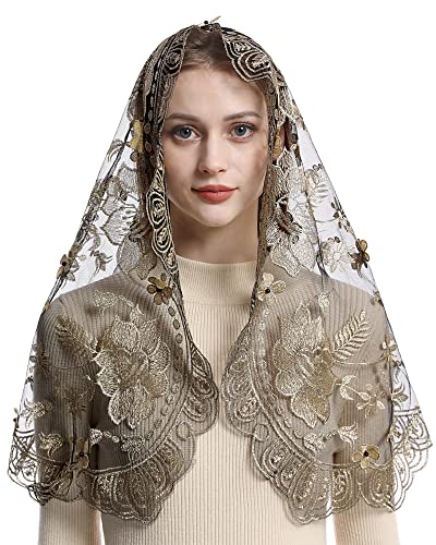 Bozidol Catholic Chapel Mantilla Veil Spanish Lace Head Covering Church Mass Veil for Religious Christian (Black-Gold)