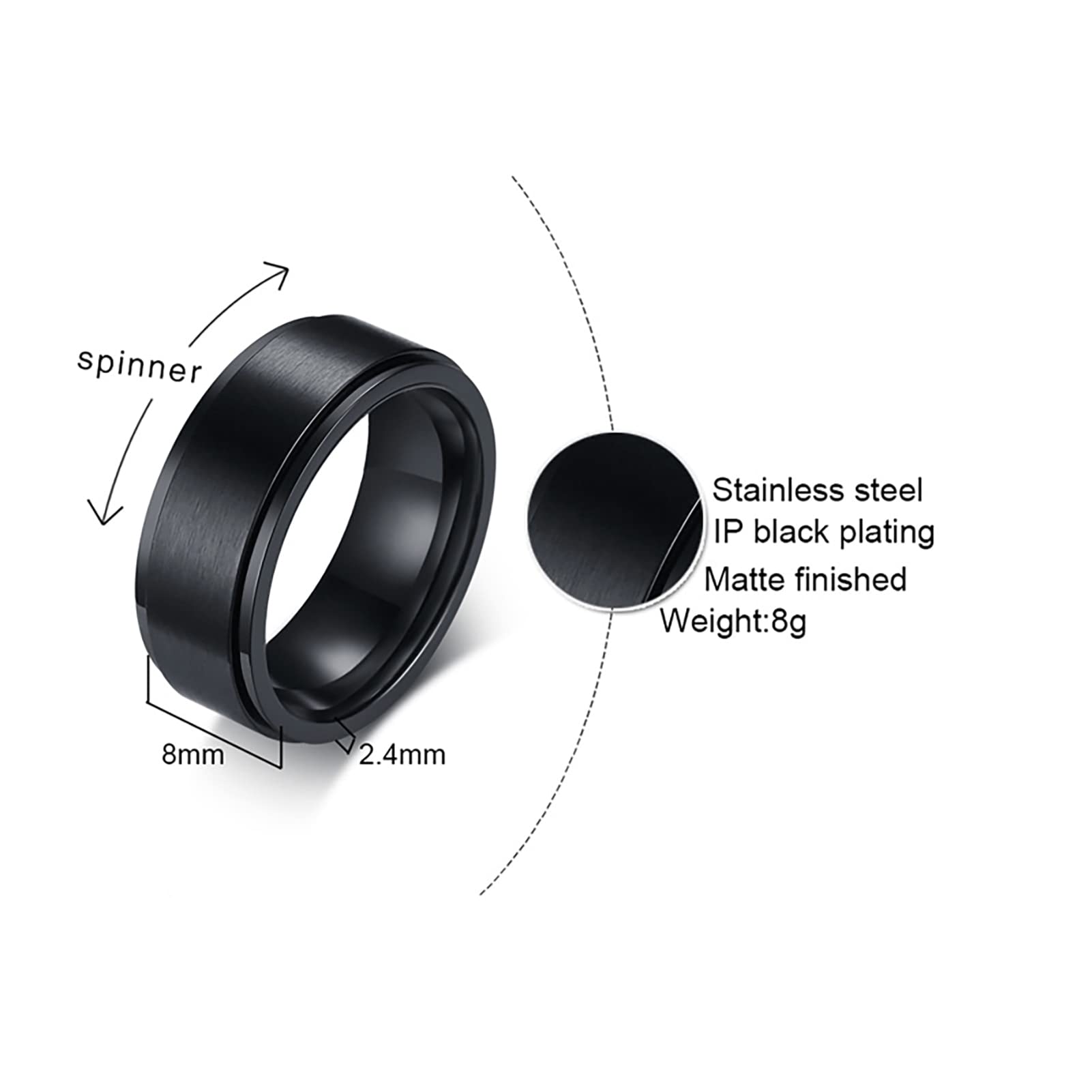 8mm Titanium Steel Black Fidget Ring Stainless Steel Spinner Rings Stress Relieving Anxiety Ring Engagement Wedding Promise Band for Women Men Size 12