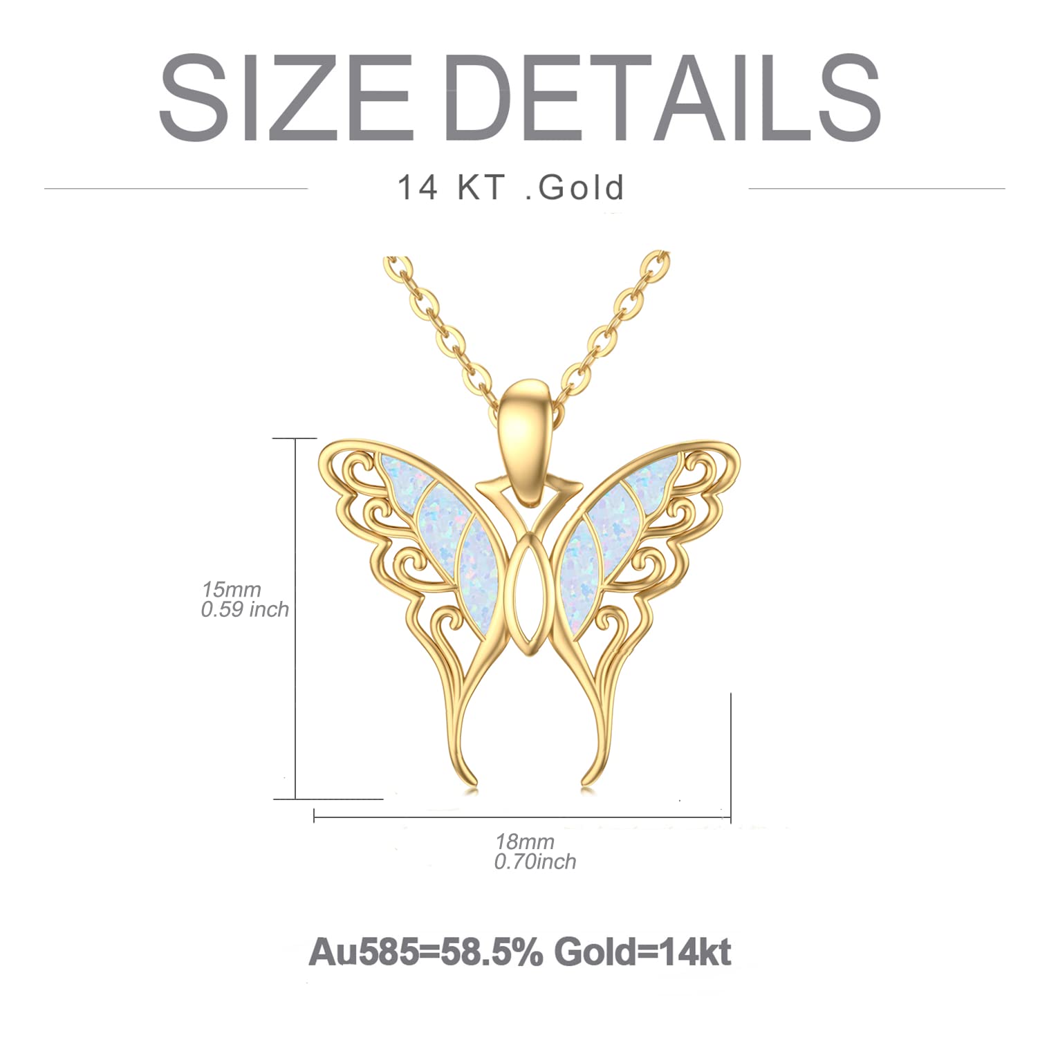 SISGEM 14K Real Gold Butterfly Necklace with Blue Opal for Women Teen Girls,Yellow Gold Butterfly Pendant Necklace Dainty Filigree Butterfly Jewelry Gifts for Birthday Christmas 16+1+1 inch, Gold,