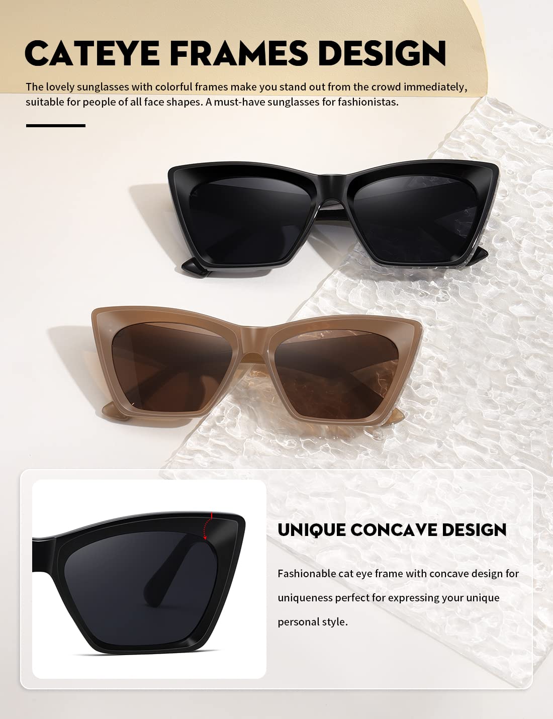 MASDUN Retro Square Cateye Sunglasses for Women Men Trendy Designer shades party dress up sunglasses (Black - Brown)