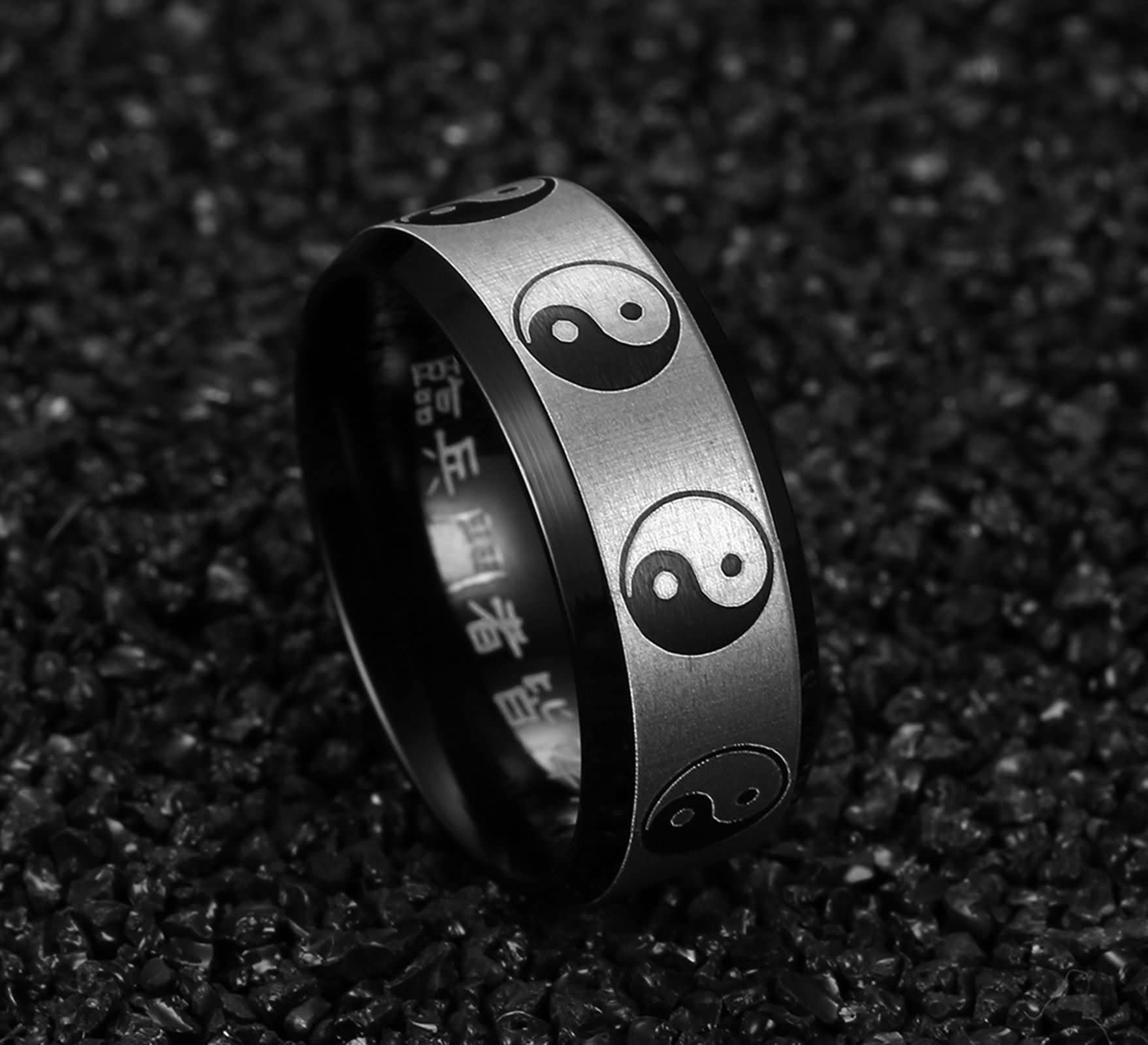 Daesar Promise Rings for Couples Black, Women Men Custom Ring Stainless Steel Yin Yang Matte 8MM Comfort Fit Personalized Engrave Ring Size 5