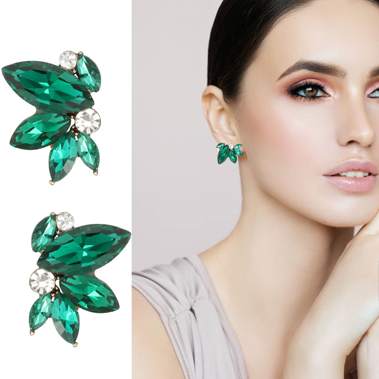 Green Rhinestone Earring Sparkly Faux Crystal Stud Earrings for Women Wedding Prom Party