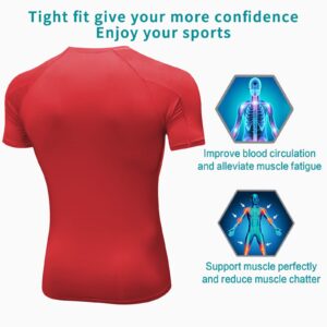 Red Compression Shirts Men Short Sleeve Workout Gym T-Shirt Running Tops Cool Dry Sports Base Layer Undershirts