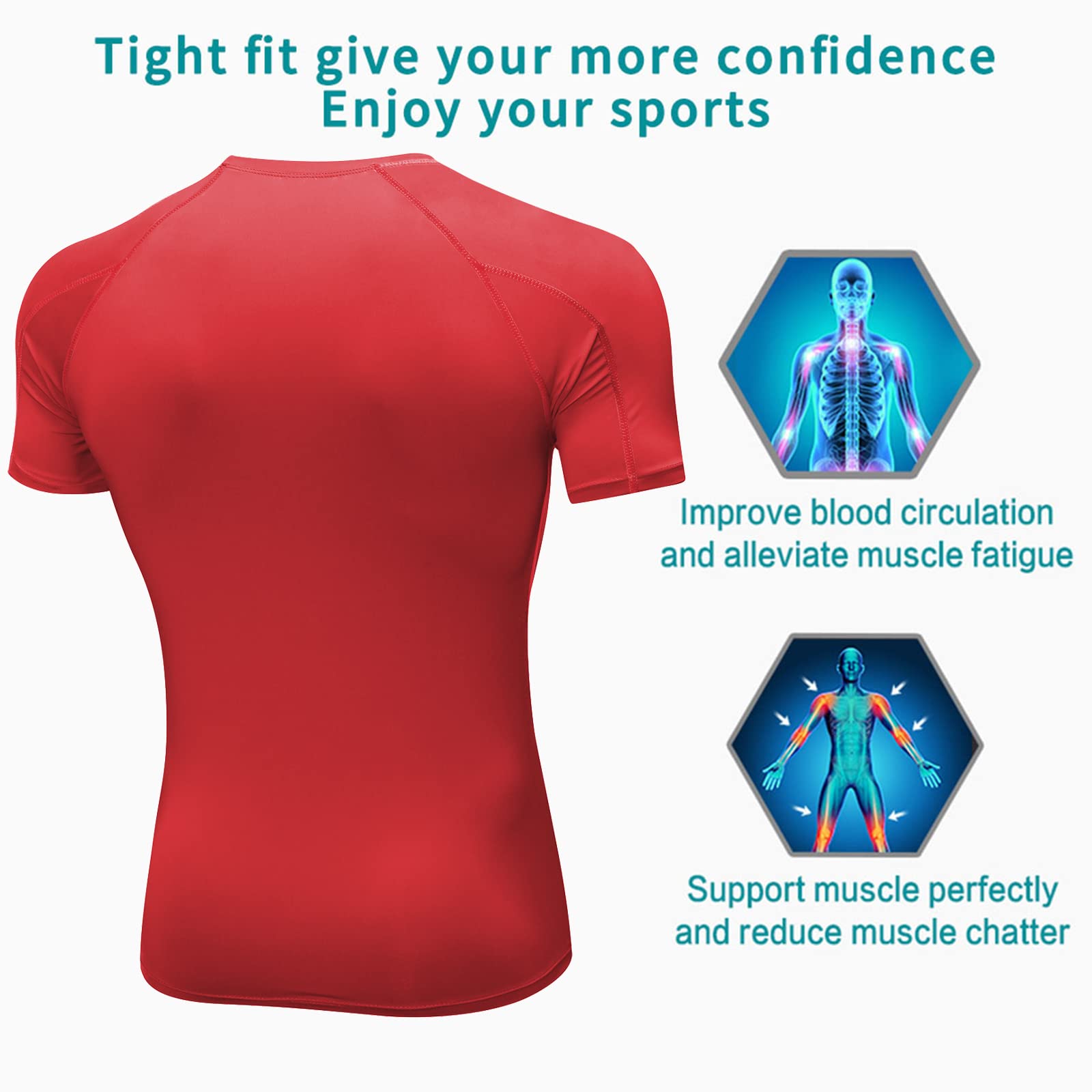 Red Compression Shirts Men Short Sleeve Workout Gym T-Shirt Running Tops Cool Dry Sports Base Layer Undershirts