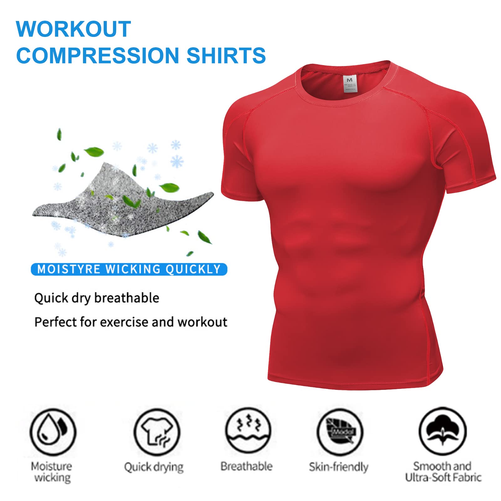 Red Compression Shirts Men Short Sleeve Workout Gym T-Shirt Running Tops Cool Dry Sports Base Layer Undershirts