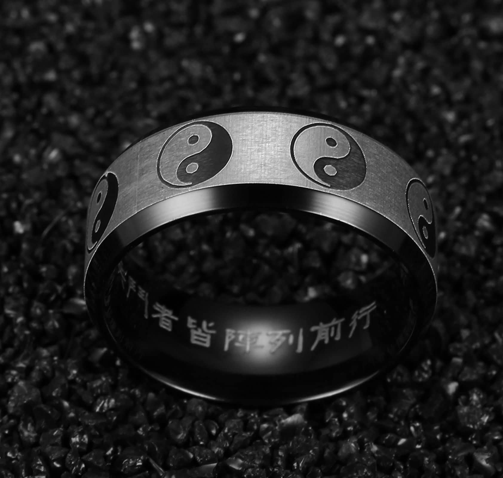 Daesar Promise Rings for Couples Black, Women Men Custom Ring Stainless Steel Yin Yang Matte 8MM Comfort Fit Personalized Engrave Ring Size 5