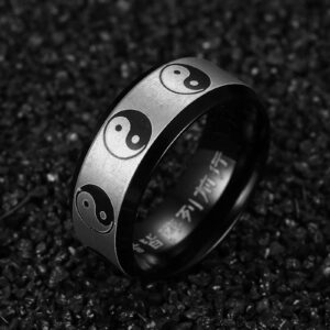 Daesar Promise Rings for Couples Black, Women Men Custom Ring Stainless Steel Yin Yang Matte 8MM Comfort Fit Personalized Engrave Ring Size 5