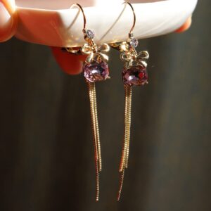 Sonateomber Purple Crystal Bow Drop Dangle Long Leverback Huggie Gold Earrings for Women - Elegant Sparkly Emerald Cutting Cubic Zirconia English Lock Dainty Tassel Jewelry Prom Gifts