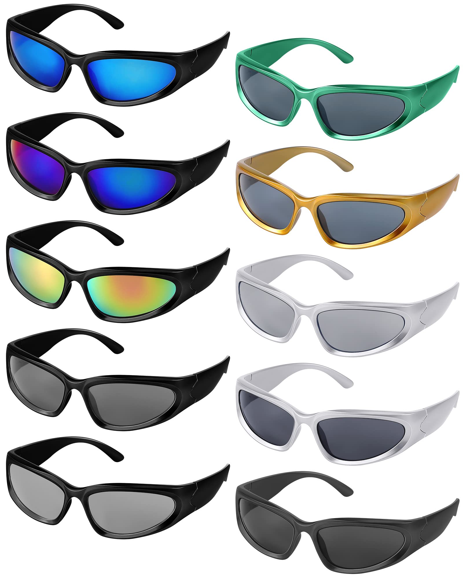 10 Pairs Y2K Wrap Around Sunglasses Multicolor Black Blue Silver Oval Shaped Sport Sunglasses Eyewear for Women Men 10 Colors