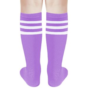 DOOVID Kids Soccer Socks Three Stripes Knee High Tube Socks Cotton Sports Socks Uniform Stocking for Toddler Boys Girls Purple White