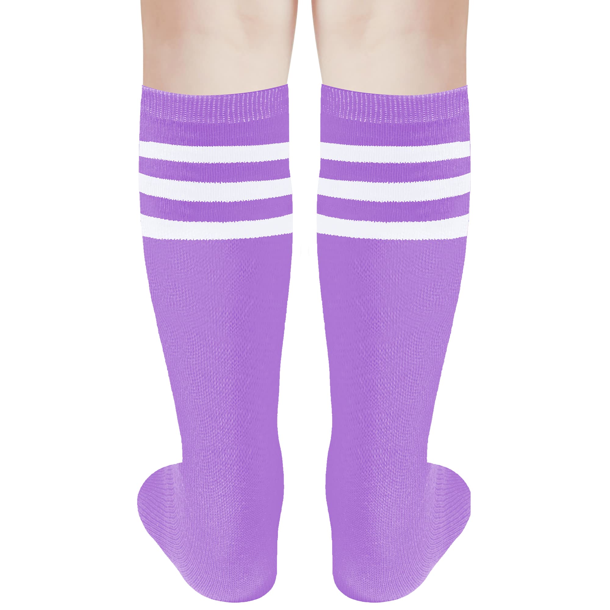 DOOVID Kids Soccer Socks Three Stripes Knee High Tube Socks Cotton Sports Socks Uniform Stocking for Toddler Boys Girls Purple White