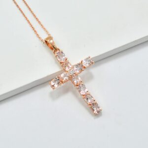 Natural Pink Morganite 5X4 MM Gemstone Holy Cross Pendant Necklace 925 Sterling Silver October Birthstone Morganite Jewelry Proposal Gift For Girlfriend(PD-8323) (16 Inches, Rose Gold Plated Silver)