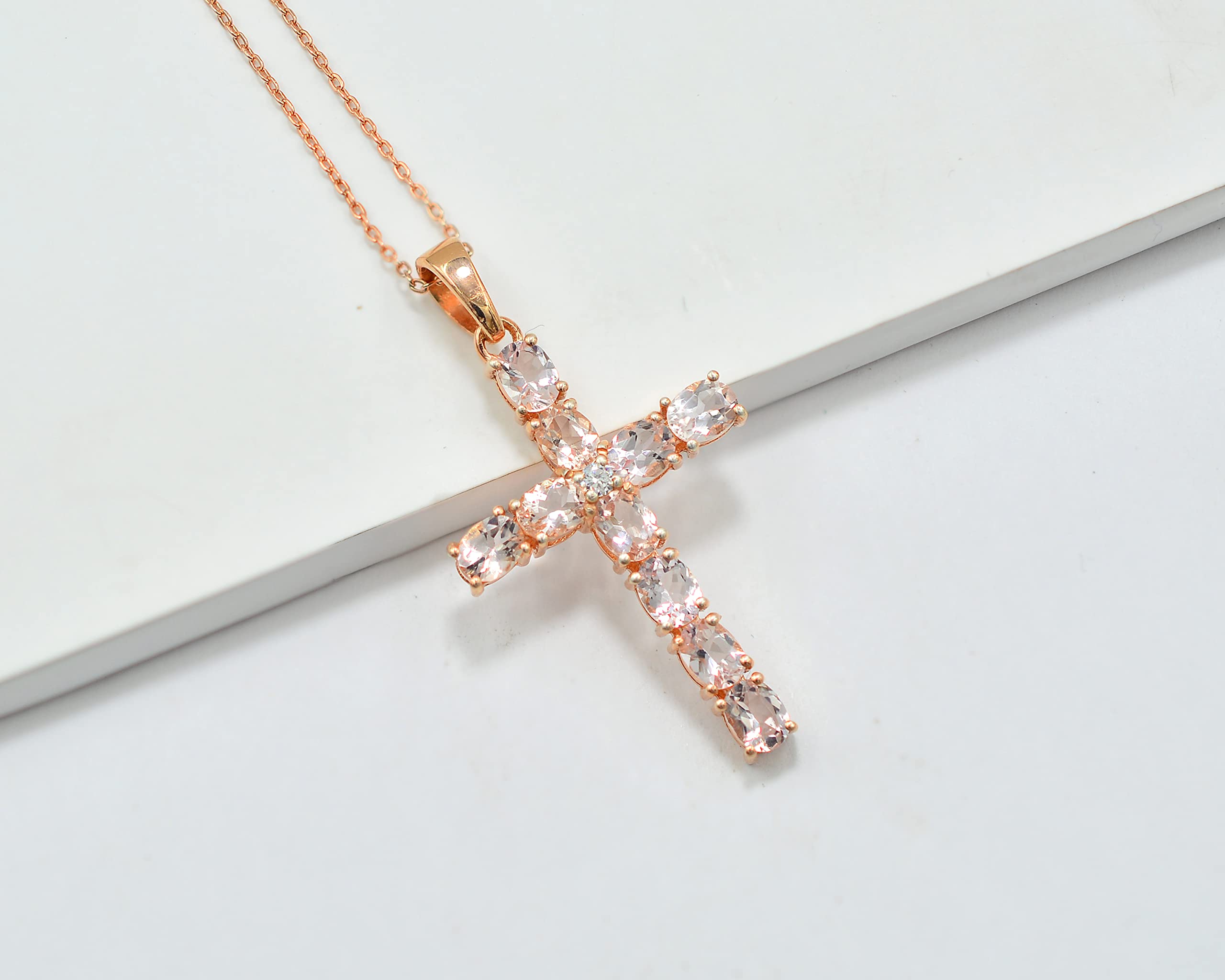 Natural Pink Morganite 5X4 MM Gemstone Holy Cross Pendant Necklace 925 Sterling Silver October Birthstone Morganite Jewelry Proposal Gift For Girlfriend(PD-8323) (16 Inches, Rose Gold Plated Silver)