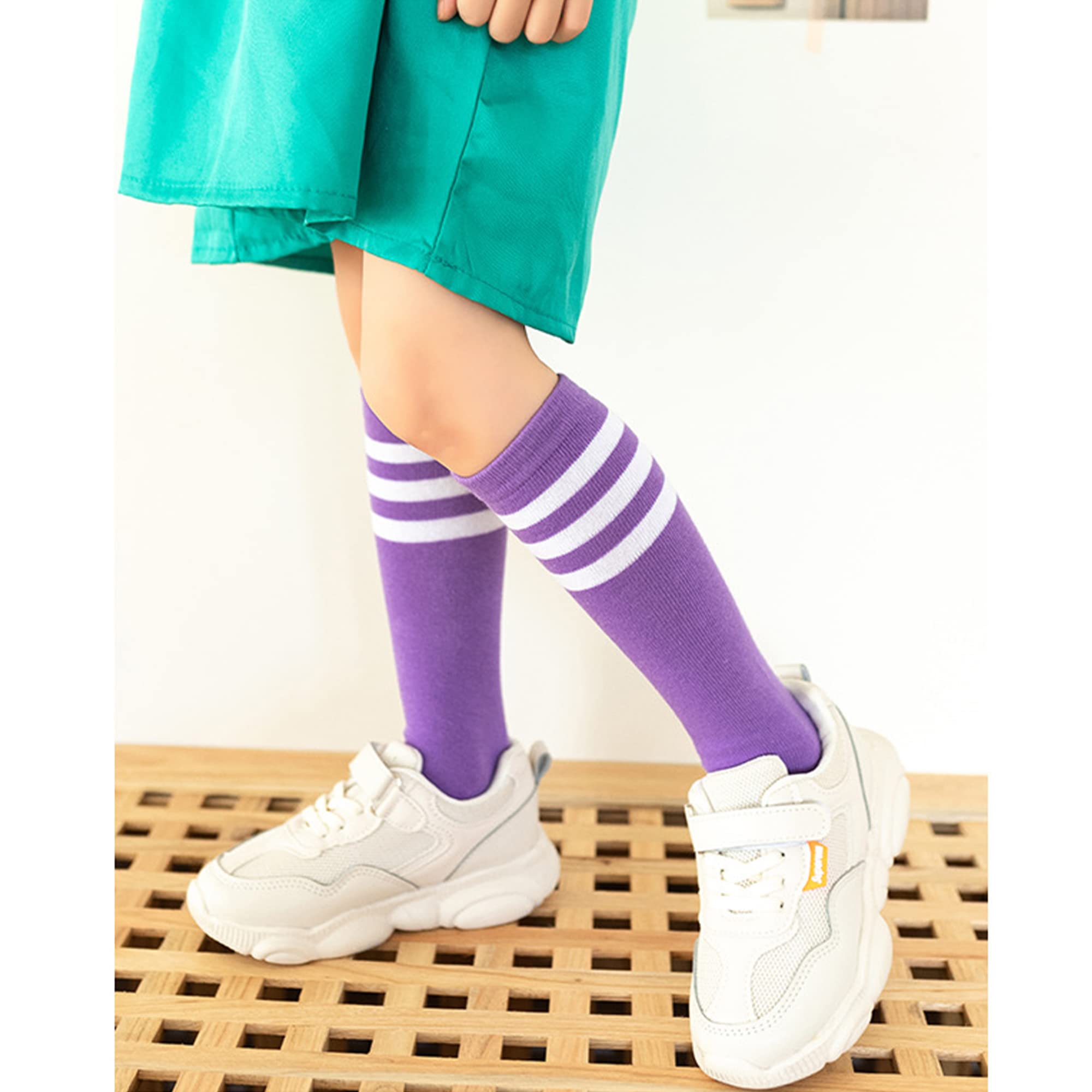 DOOVID Kids Soccer Socks Three Stripes Knee High Tube Socks Cotton Sports Socks Uniform Stocking for Toddler Boys Girls Purple White