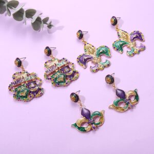 Mardi Gras Earrings Glitter Fleur De Lis Mask Dangle Earrings Sparkly Rhinestone Bead Happy MARDI GRAS Skull Dangling Earrings Hypoallergenic Carnival Parade Party Festive Earrings Jewelry for Mardi