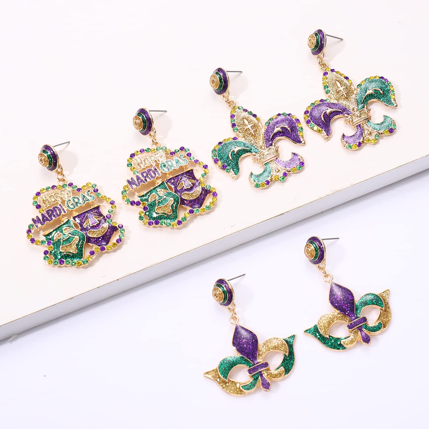 Mardi Gras Earrings Glitter Fleur De Lis Mask Dangle Earrings Sparkly Rhinestone Bead Happy MARDI GRAS Skull Dangling Earrings Hypoallergenic Carnival Parade Party Festive Earrings Jewelry for Mardi