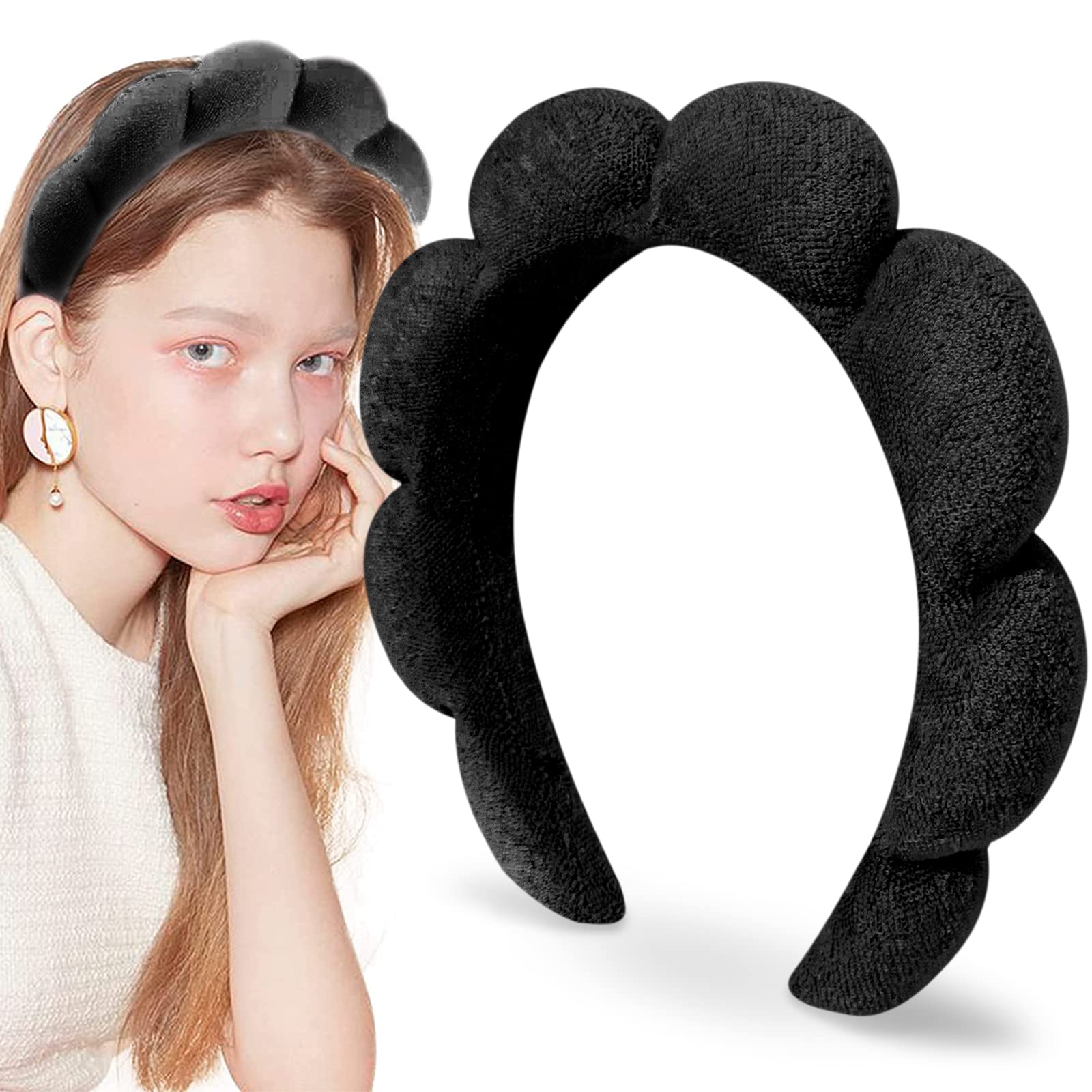 PASNOWFU Sponge Spa Headband For Women, Big Spa Hairband For Washing Face, Face Skincare Makeup Headband, No Slip Thick Hair Hoop For Spa For Makeup Removal, Black