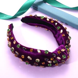 CENAPOG Mardi Gras Rhinestone Knotted Headband for Women Sparkly Crystal Embellished Hairbands Twist Turban Headband Elastic Wide Velvet Hair Hoop Party Wedding Headwear for Girls (Velvet Purple)