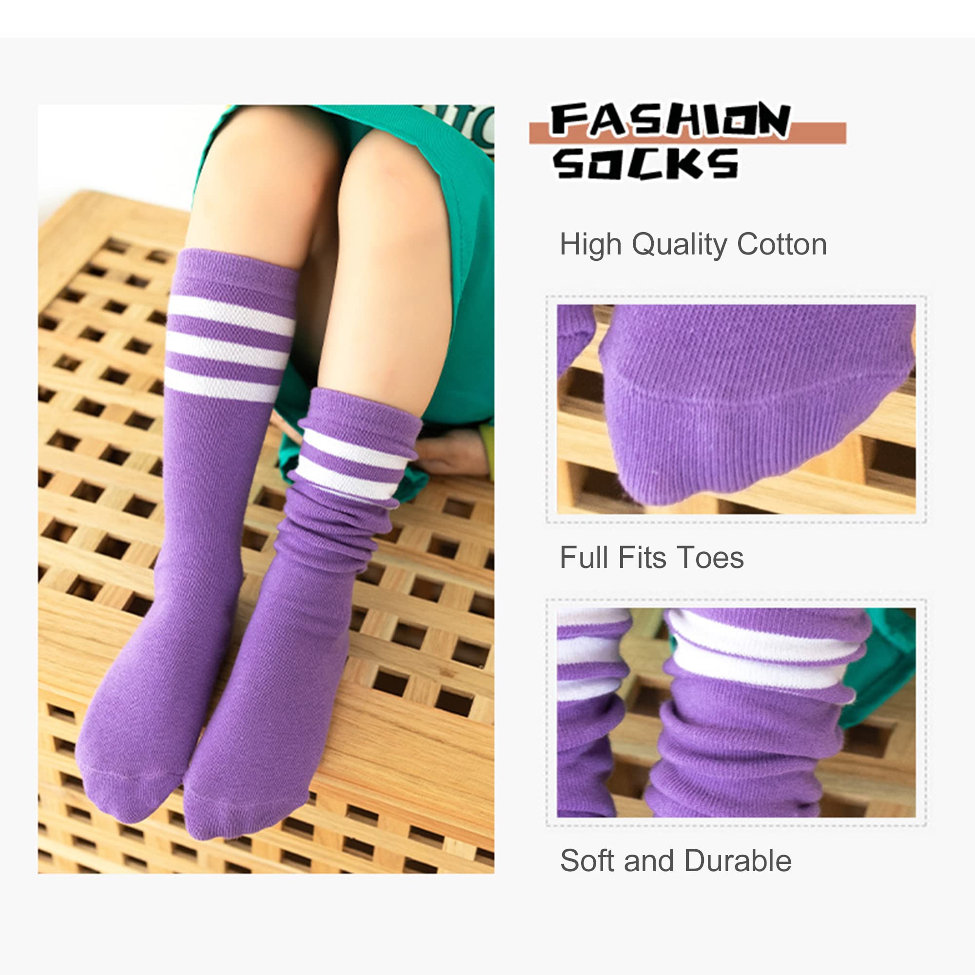 DOOVID Kids Soccer Socks Three Stripes Knee High Tube Socks Cotton Sports Socks Uniform Stocking for Toddler Boys Girls Purple White