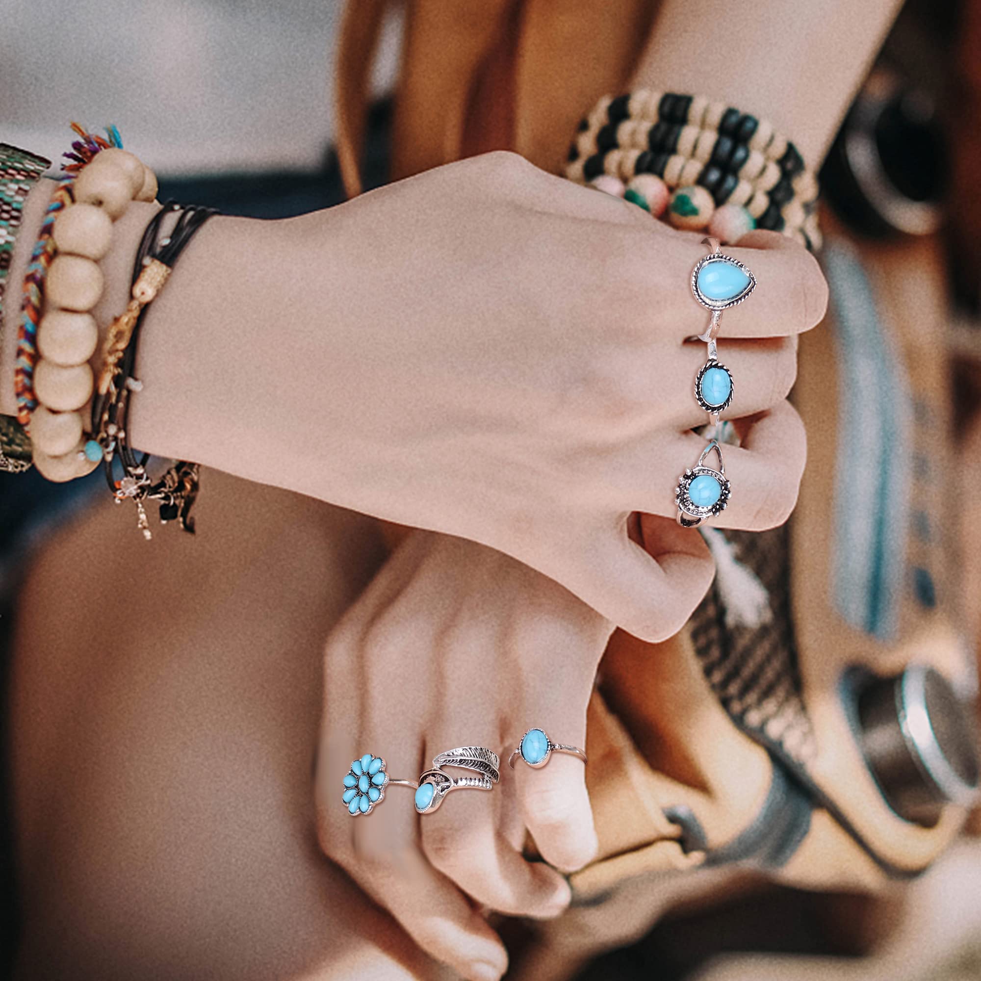 FIBO STEEL Bohemian Turquoise Jewelry Set for Women Western Jewelry Vintage Turquoise Pendant Necklace Turquoise Bead Bracelet Leather Cuff Bracelet Turquoise Dangle Earrings Turquoise Knuckle Rings Boho Jewelry