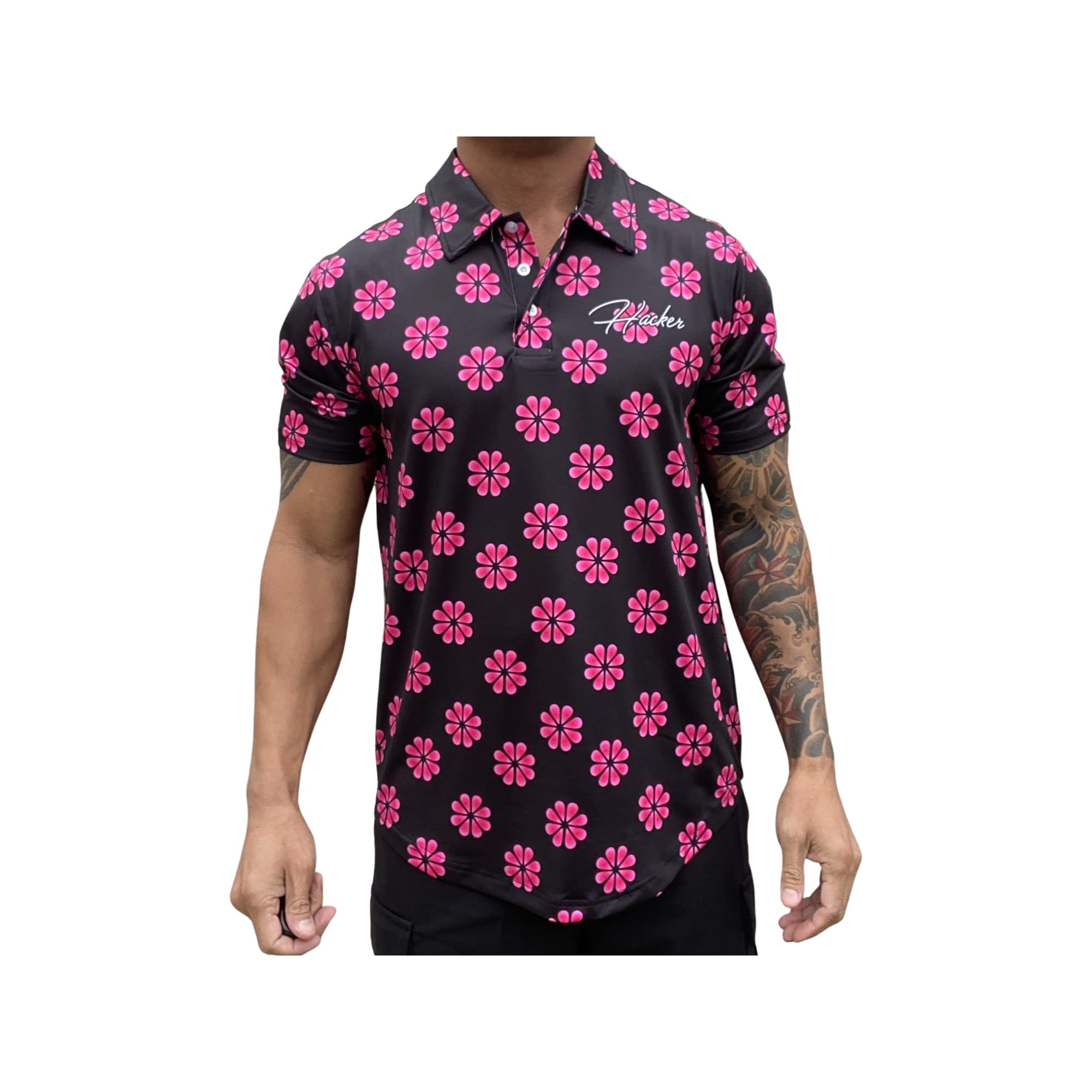 Hacker Golf Funny Crazy Graphic Dri Fit Athletic Fit Golf Shirt Polo (Large, Black Pink Daisys Floral Hawaiian Sunflower)