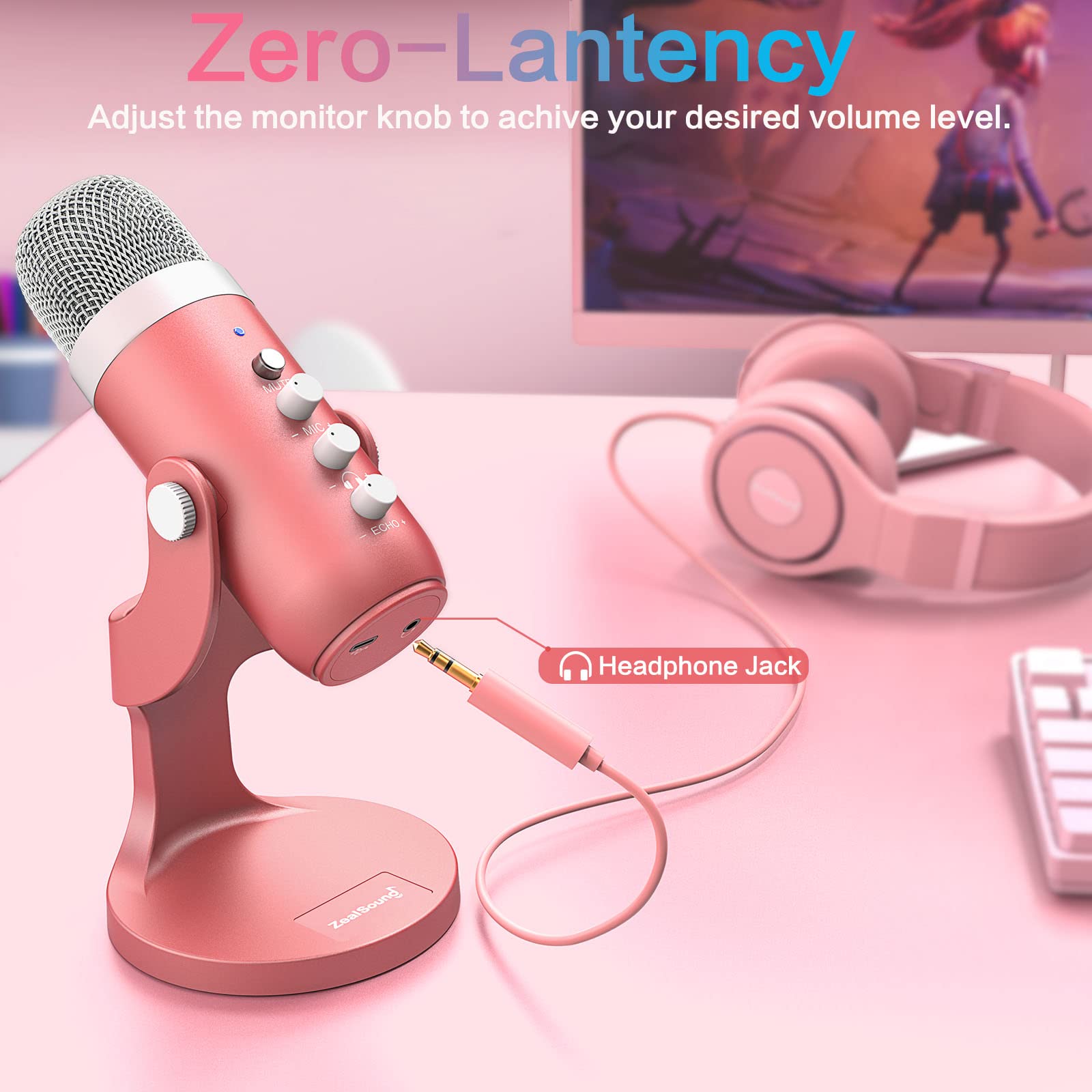 ZealSound Gaming USB Pink Microphone with Quick Mute for Phone Computer PC PS5,Studio Mic with Gain Control,Echo&Monitor Volume Adjust for Streaming Vocal Recording ASMR Podcast Video K66