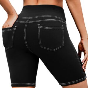 VOOVEEYA 5"/8" High Waisted Yoga Biker Shorts with Pockets for Women - Butt Lifting Workout Spandex Booty Gym Shorts(Black-L)