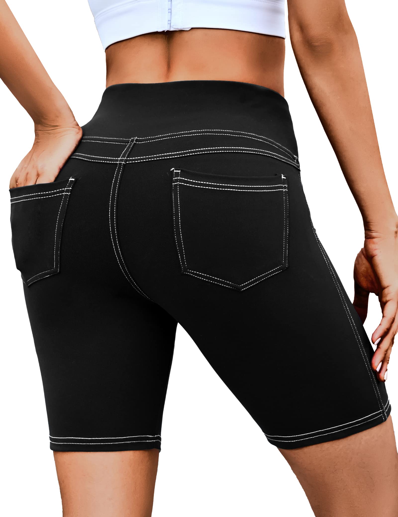 VOOVEEYA 5"/8" High Waisted Yoga Biker Shorts with Pockets for Women - Butt Lifting Workout Spandex Booty Gym Shorts(Black-L)