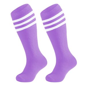 DOOVID Kids Soccer Socks Three Stripes Knee High Tube Socks Cotton Sports Socks Uniform Stocking for Toddler Boys Girls Purple White