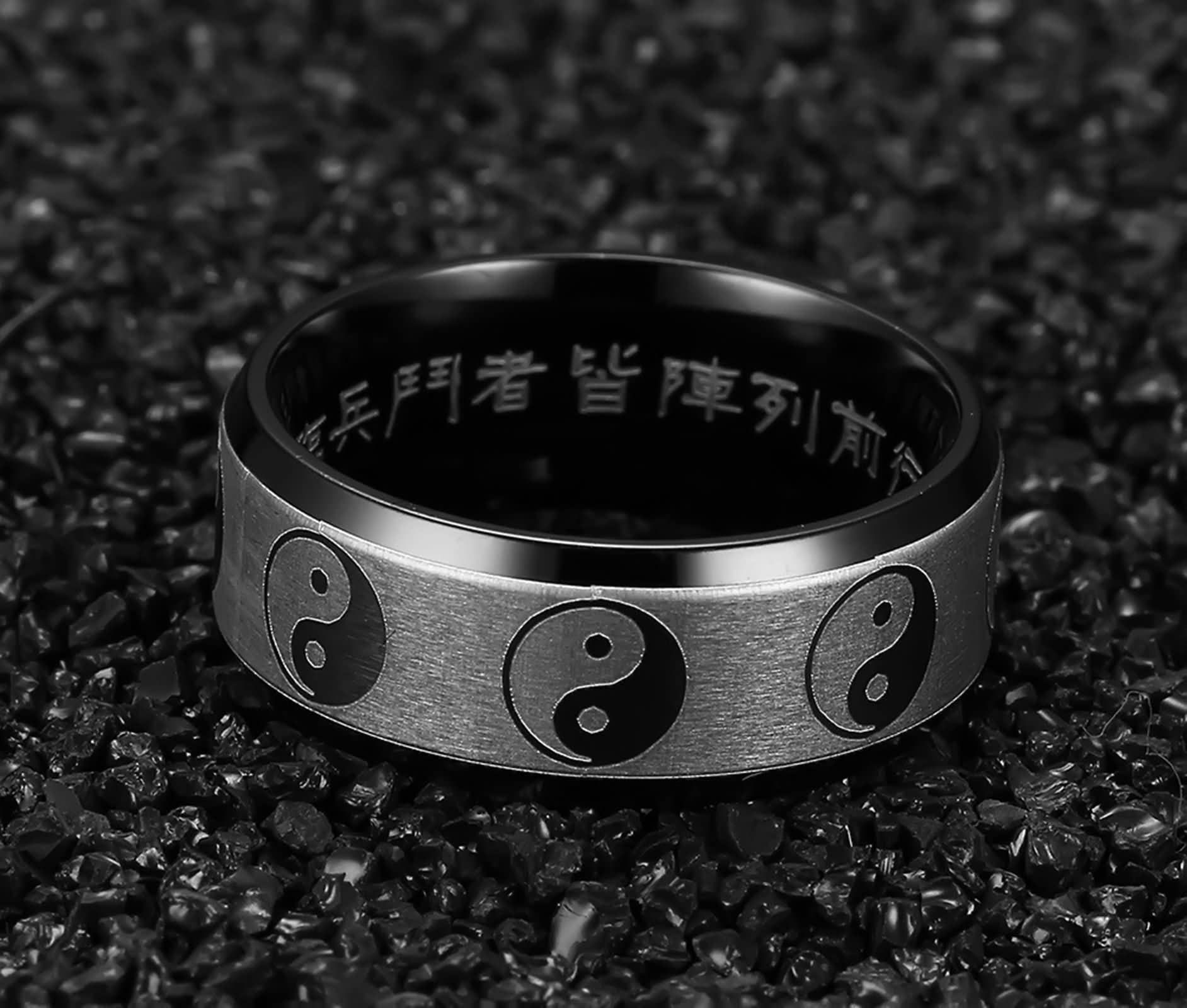 Daesar Promise Rings for Couples Black, Women Men Custom Ring Stainless Steel Yin Yang Matte 8MM Comfort Fit Personalized Engrave Ring Size 5