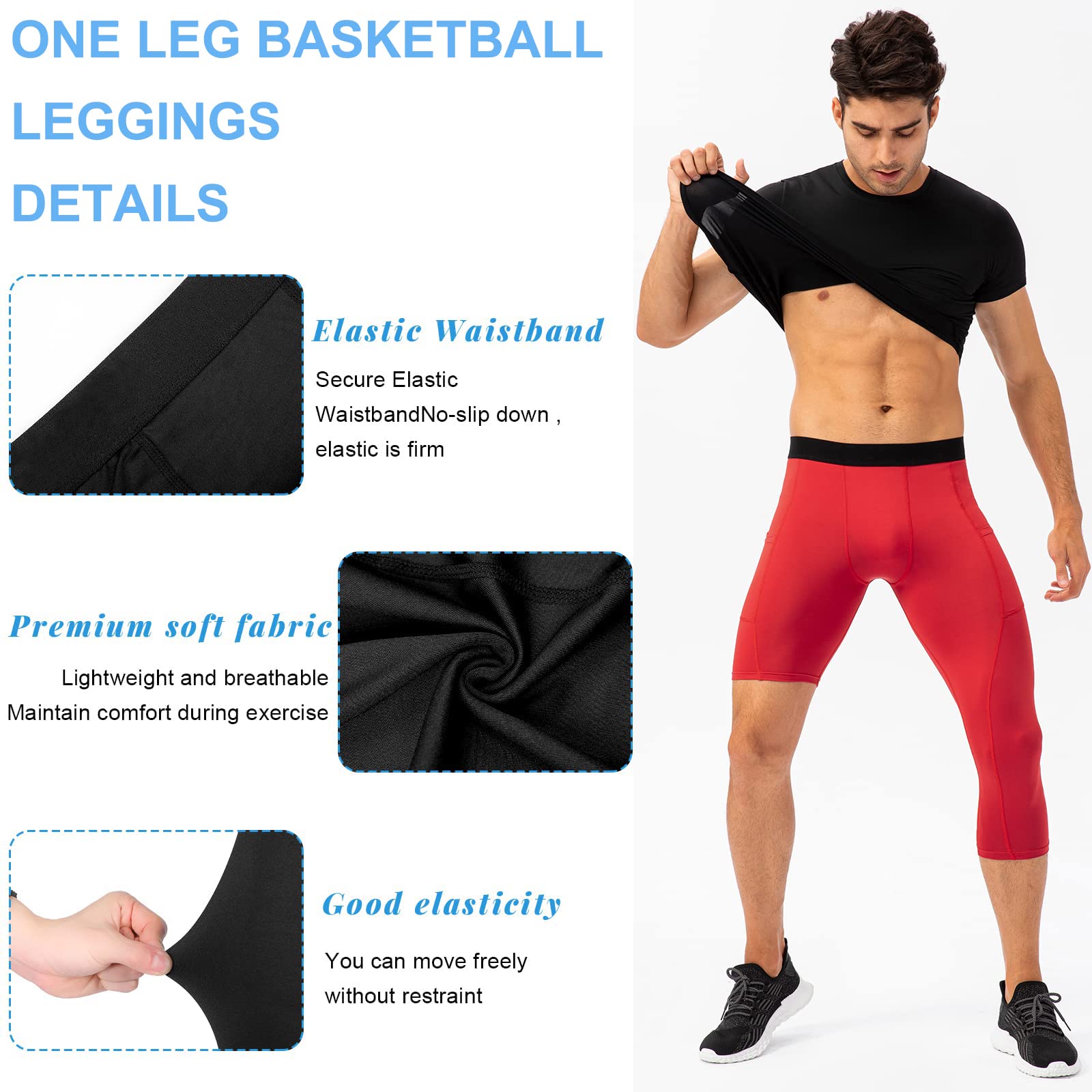 One Leg Compression Tights for Basketball, Mens 3/4 One Leg Compression Pants Dry Fit Running Leggings Sport Baselayer