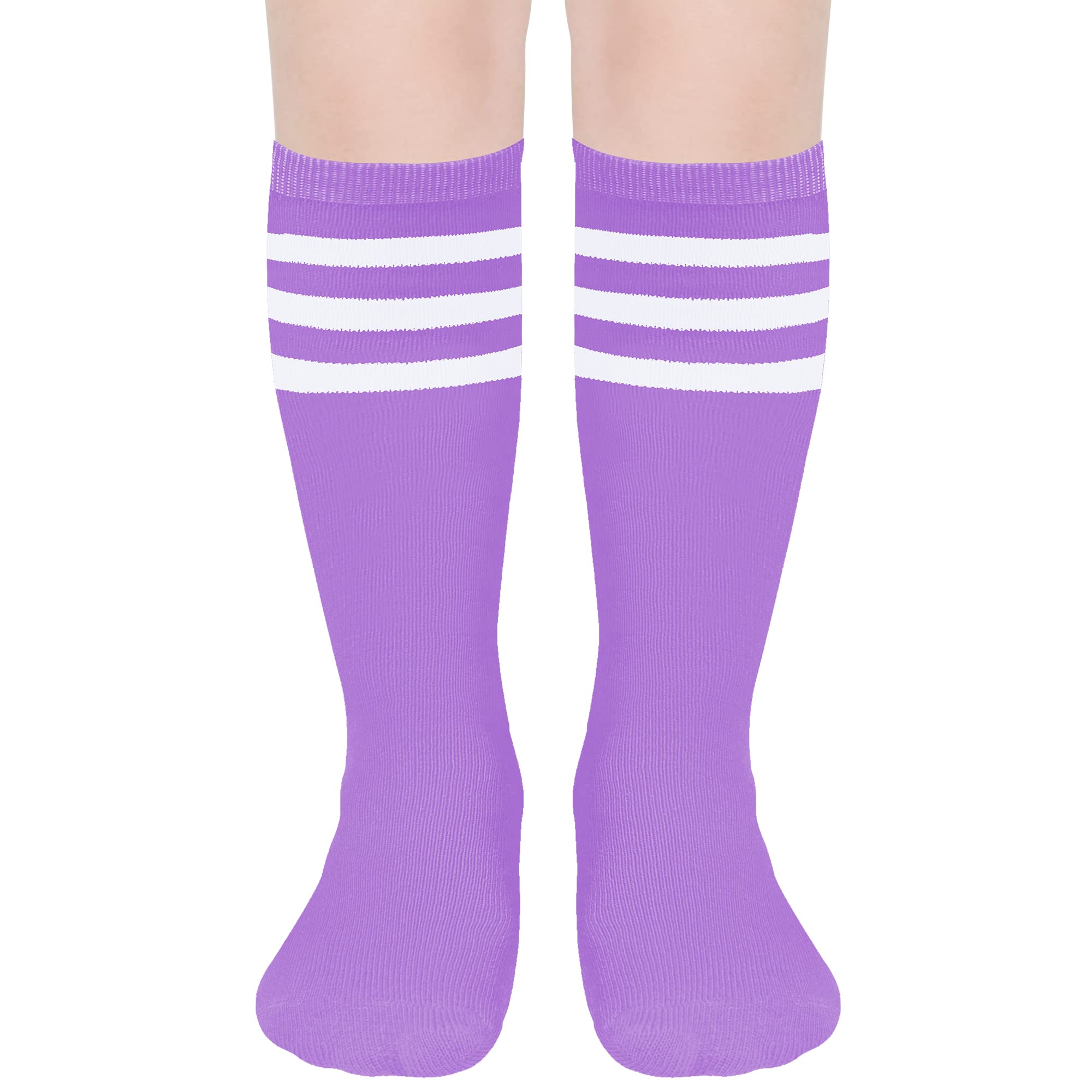 DOOVID Kids Soccer Socks Three Stripes Knee High Tube Socks Cotton Sports Socks Uniform Stocking for Toddler Boys Girls Purple White