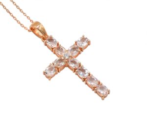 natural pink morganite 5x4 mm gemstone holy cross pendant necklace 925 sterling silver october birthstone morganite jewelry proposal gift for girlfriend(pd-8323) (16 inches, rose gold plated silver)