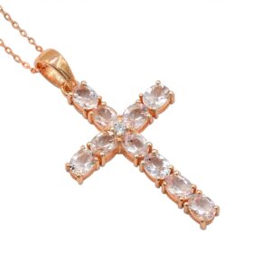 Natural Pink Morganite 5X4 MM Gemstone Holy Cross Pendant Necklace 925 Sterling Silver October Birthstone Morganite Jewelry Proposal Gift For Girlfriend(PD-8323) (16 Inches, Rose Gold Plated Silver)