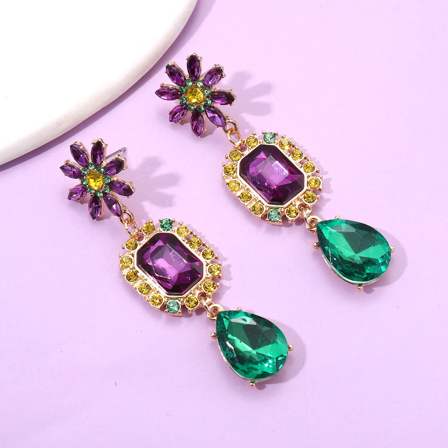 Mardi Gras Earrings for Women, Rhinestone Mardi Gras Accessory, Purple Green Gold Crystal Earrings Fat Tuesday Carnival Parade Party Jewelry Gifts (Style B)